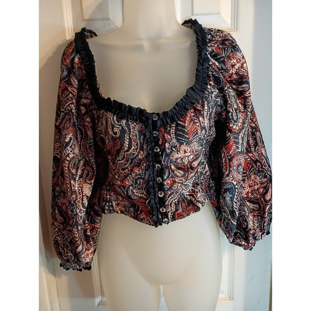 Free People Top Multicolor Velvet Cropped Smocking. Balloon Sleeve Tie Back...